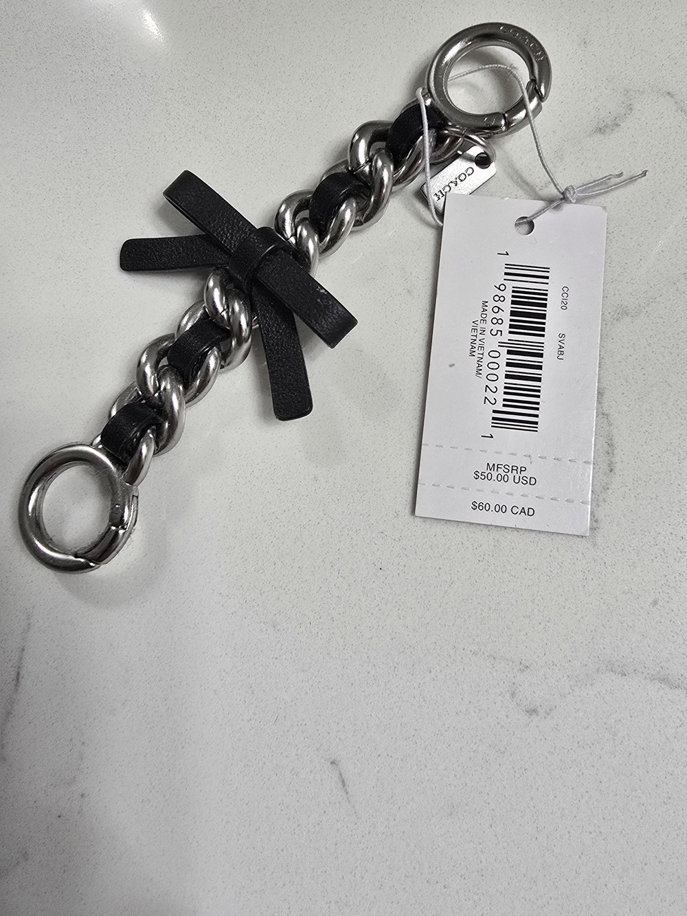 Coach Black Leather Bow & Silver Chain Key Charm